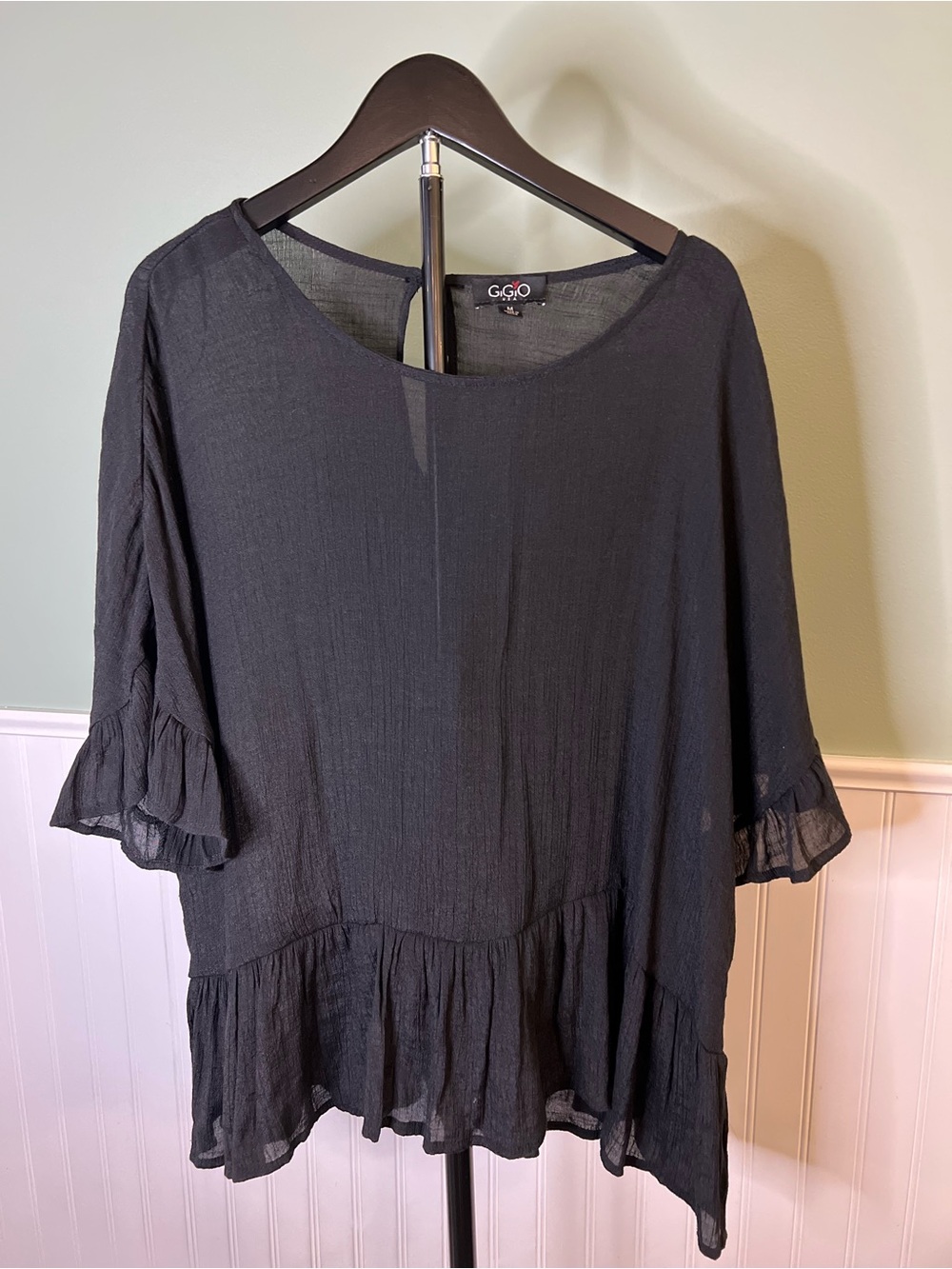 GGO Black Ruffle-Hem Lightweight Semi Sheer Oversized Peasant Blouse. Size M